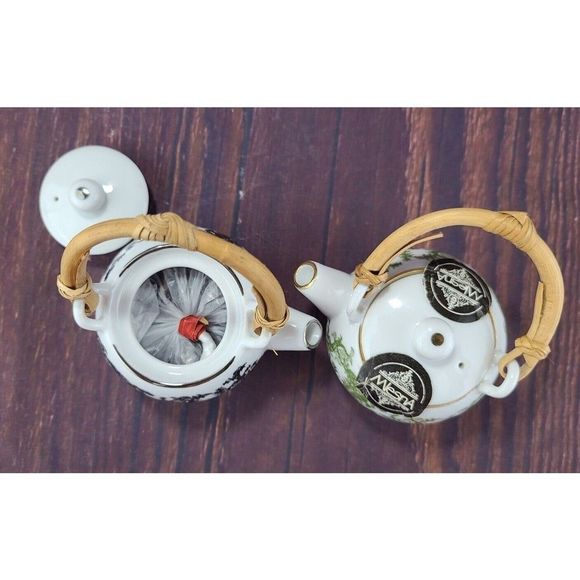 2 VTG Mlesna Porcelain Miniature TeaPot with Tea Bags Rattan Handle Sri Lanka - Picture 5 of 7